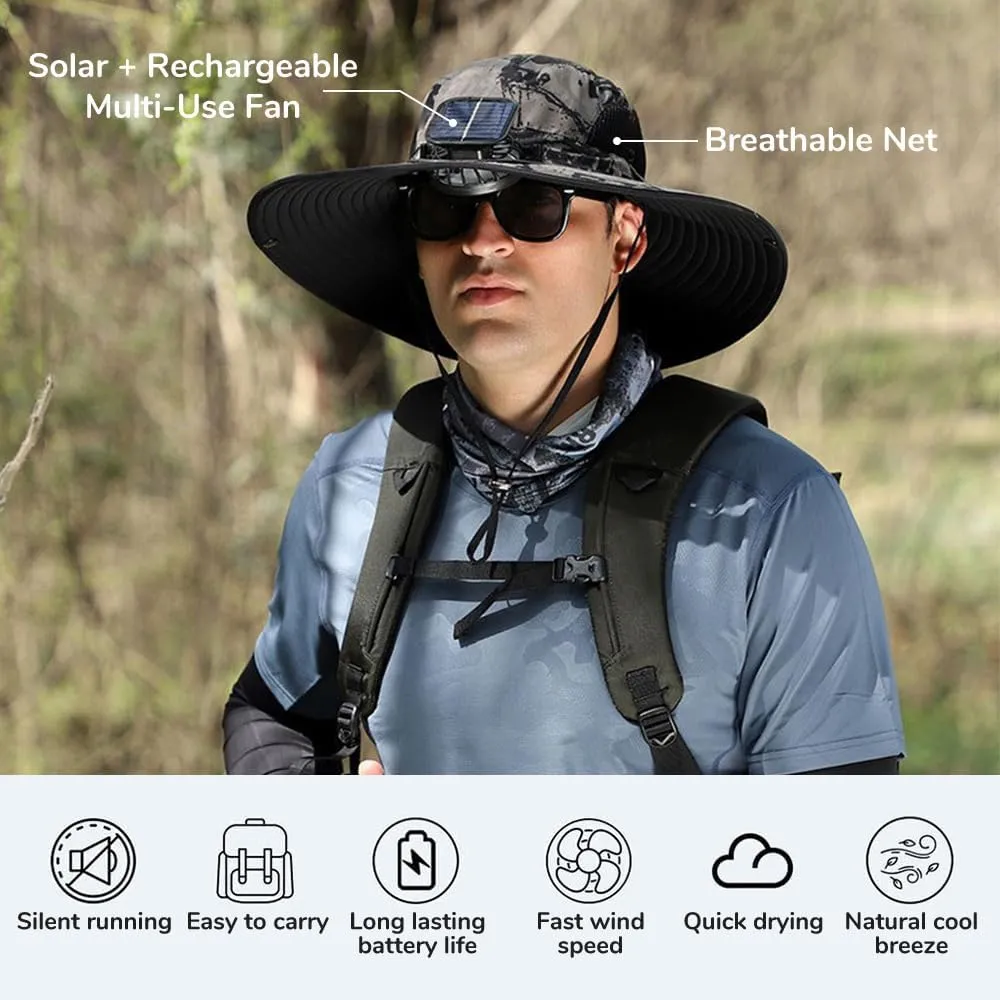 Solar Fan Hat for Men Women,Outdoor Fishing Wide Brim Sun Hat with Fans Built in Solar Power UPF 50  Bucket Fishing & Beach