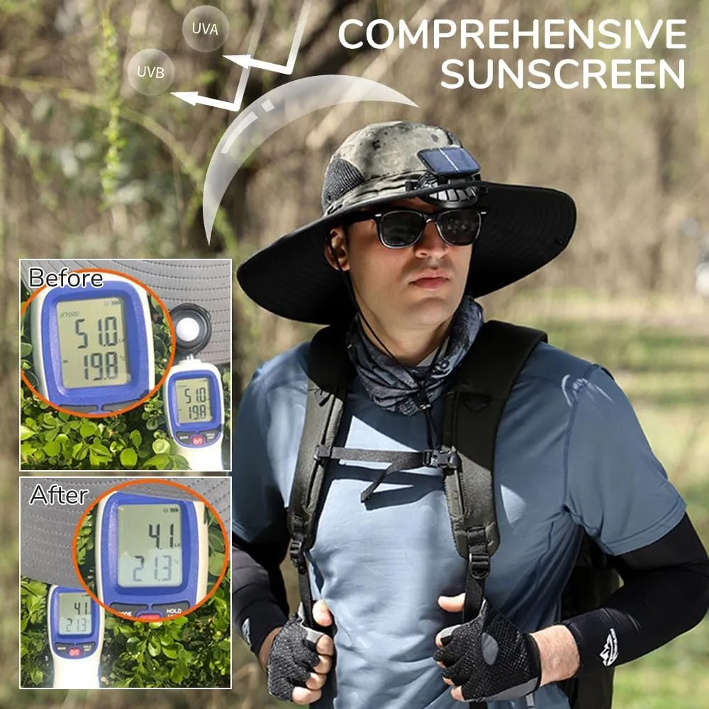Solar Fan Hat for Men Women,Outdoor Fishing Wide Brim Sun Hat with Fans Built in Solar Power UPF 50  Bucket Fishing & Beach