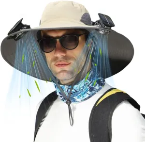 Solar Fan Hat for Men Women,Outdoor Fishing Wide Brim Sun Hat with Fans Built in Solar Power UPF 50  Bucket Fishing & Beach