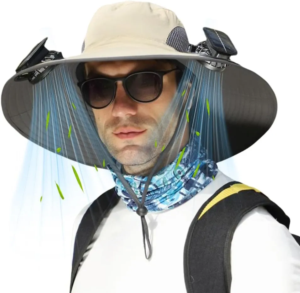 Solar Fan Hat for Men Women,Outdoor Fishing Wide Brim Sun Hat with Fans Built in Solar Power UPF 50  Bucket Fishing & Beach