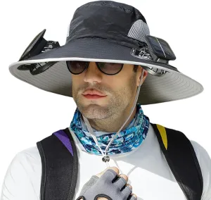Solar Fan Hat, Men Sun Hat with 2 Solar Fan, Wide Brim Solar Fan Outdoor Fishing Hat-Solar & USB Charging