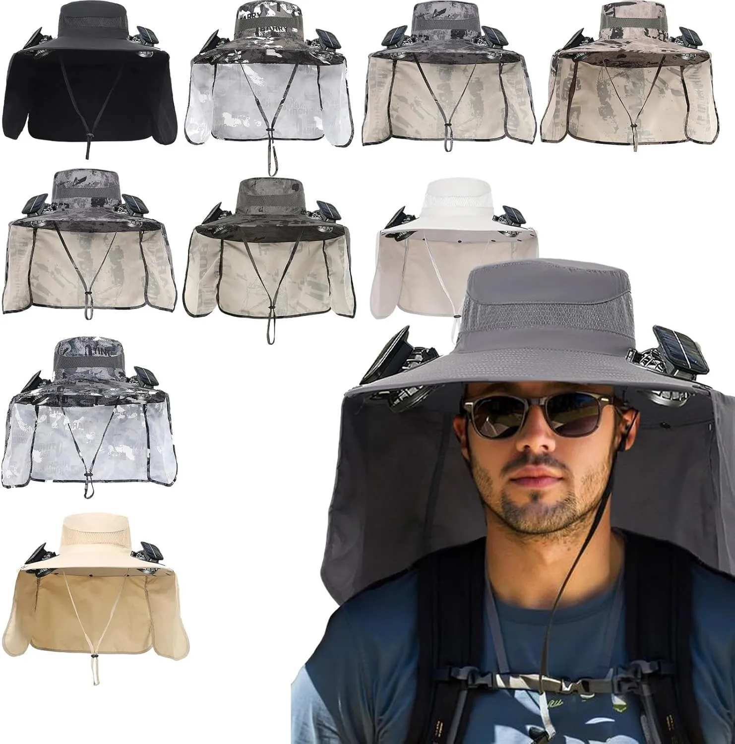 Solar Fan Hat, Outdoor Wide Brim Neck Flap Sun Hat with 2 Solar Fan, Cooling Fishing Hats for Adult Men Women