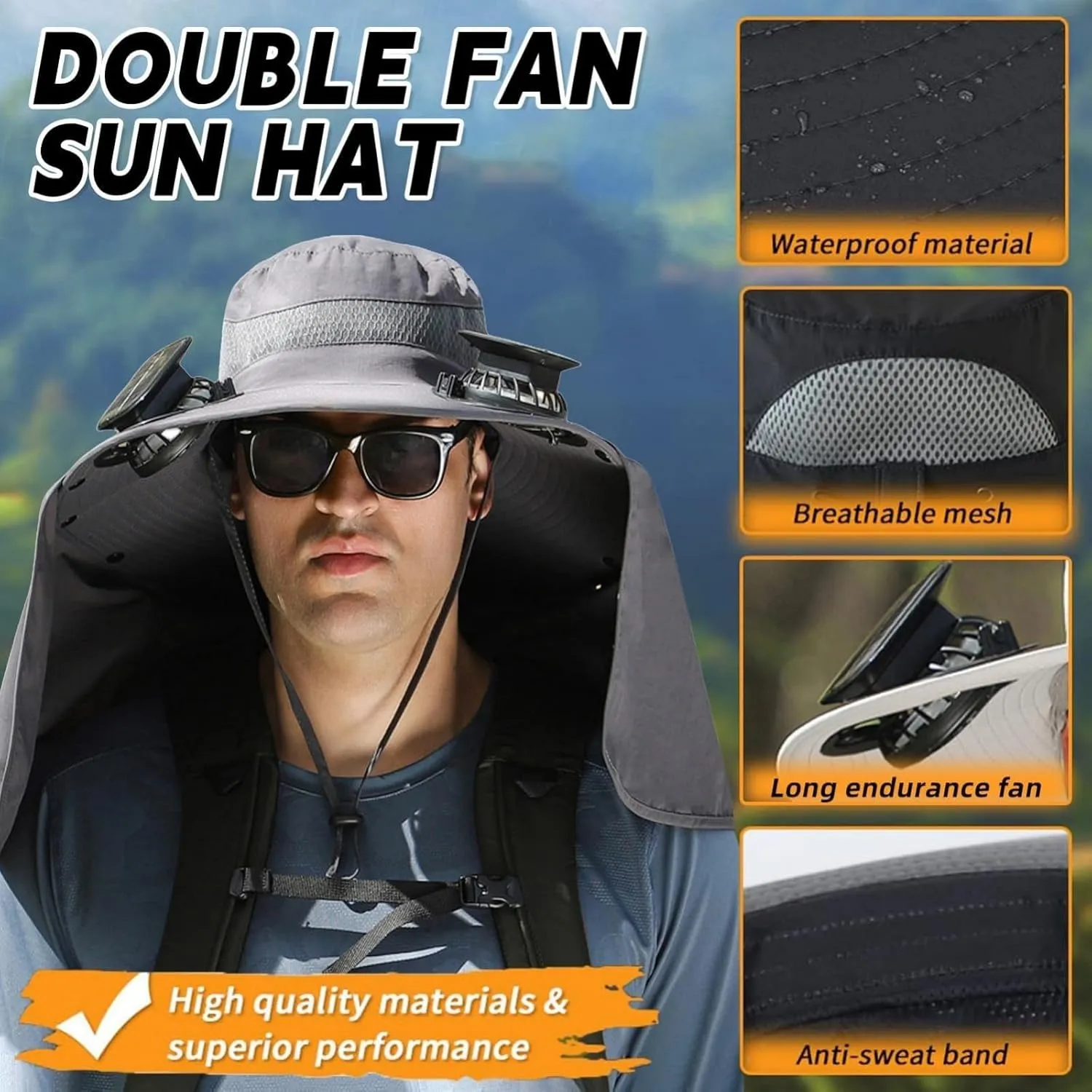 Solar Fan Hat, Outdoor Wide Brim Neck Flap Sun Hat with 2 Solar Fan, Cooling Fishing Hats for Adult Men Women