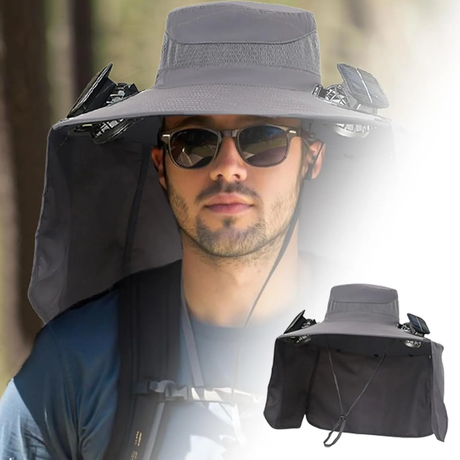Solar Fan Hat, Outdoor Wide Brim Neck Flap Sun Hat with 2 Solar Fan, Cooling Fishing Hats for Adult Men Women