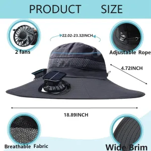 Solar Fan Hat, Wide Brim Solar Fan Hat Outdoor Fishing, Solar & USB Charging Sombrero which for Unisex