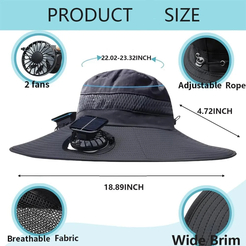 Solar Fan Hat, Wide Brim Solar Fan Hat Outdoor Fishing, Solar & USB Charging Sombrero which for Unisex