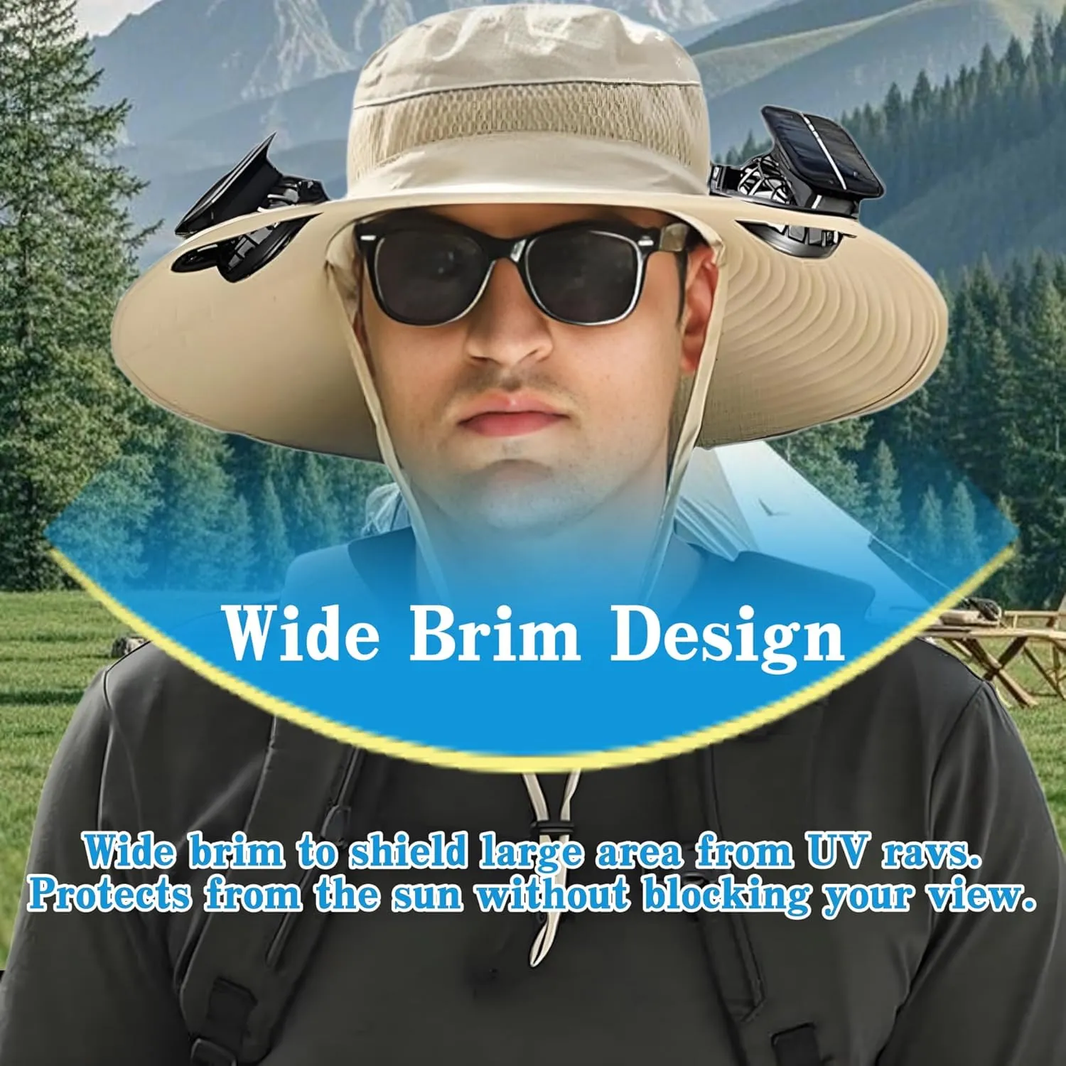 Solar Fan Hat ，Wide Brim Solar Fan Hat with 2 Solar Powered Fan Built ，Waterproof Outdoor Fishing Hat