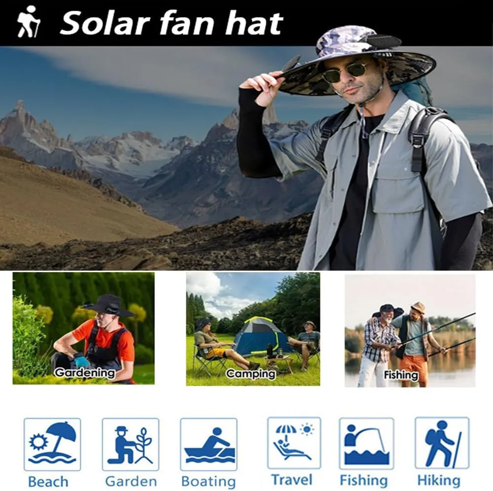 Solar Fan Hat ，Wide Brim Solar Fan Hat with 2 Solar Powered Fan Built ，Waterproof Outdoor Fishing Hat