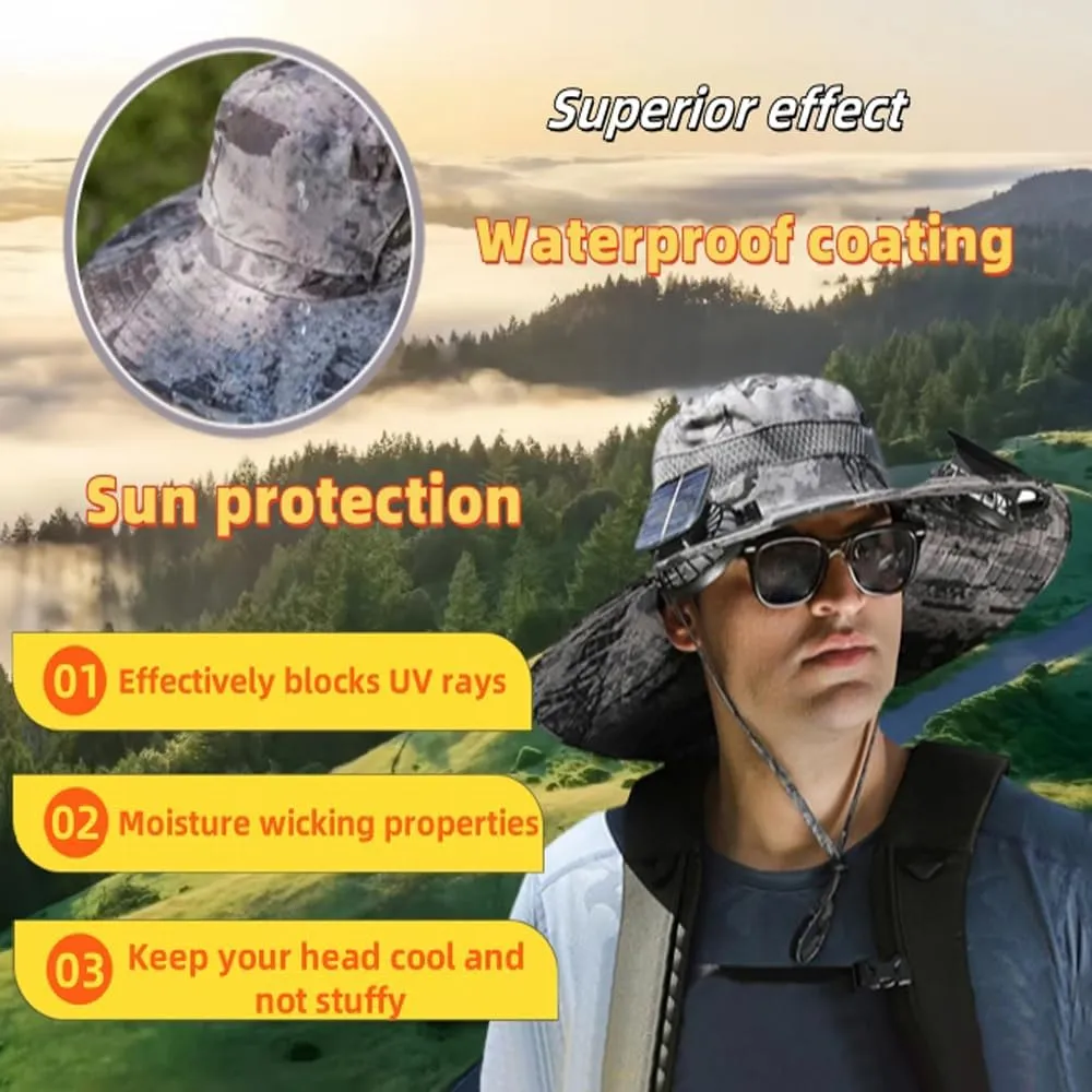 Solar Fan Hat ，Wide Brim Solar Fan Hat with 2 Solar Powered Fan Built ，Waterproof Outdoor Fishing Hat