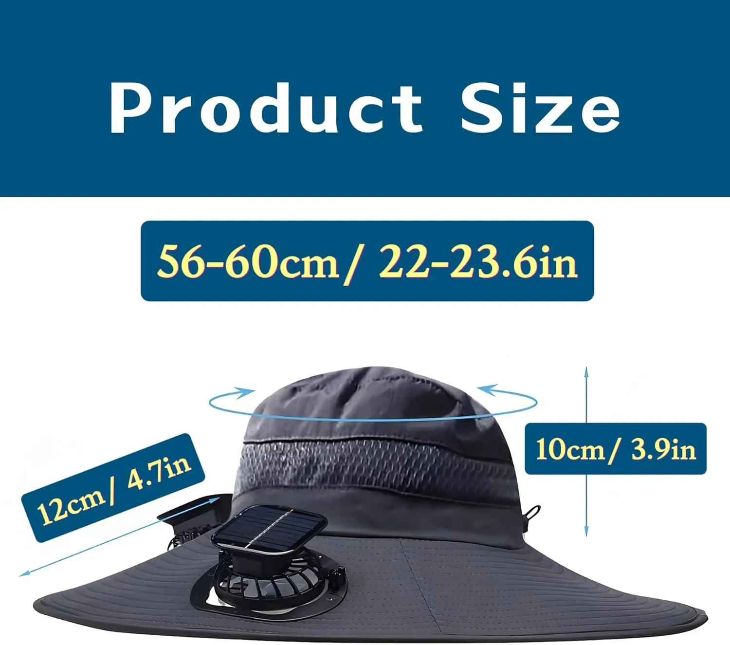 Solar Fan Hat ，Wide Brim Solar Fan Hat with 2 Solar Powered Fan Built ，Waterproof Outdoor Fishing Hat