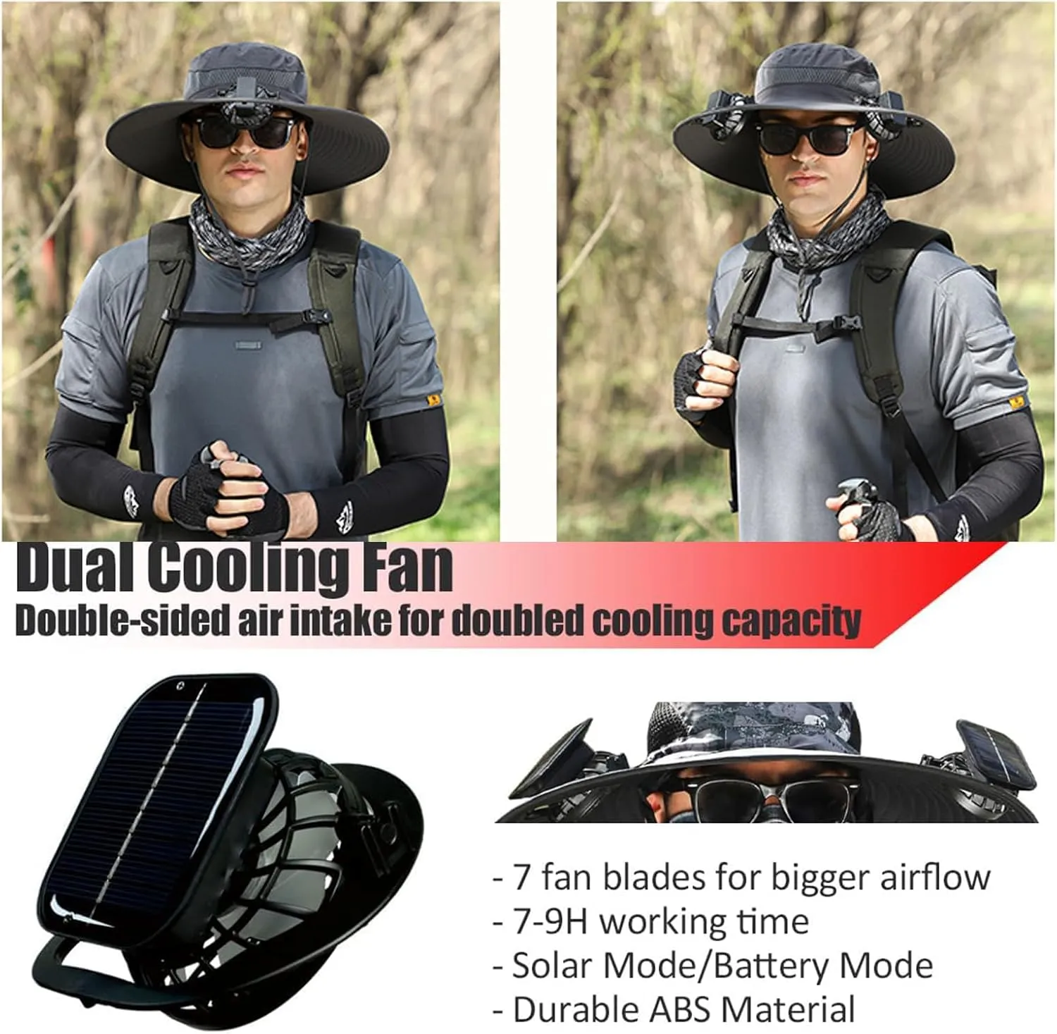 Solar Fan Hat, Wide Brim Solar Fan Outdoor Fishing Hat,Mens Sun Hat with 2 Solar Fan Fishing Hats Upf50 