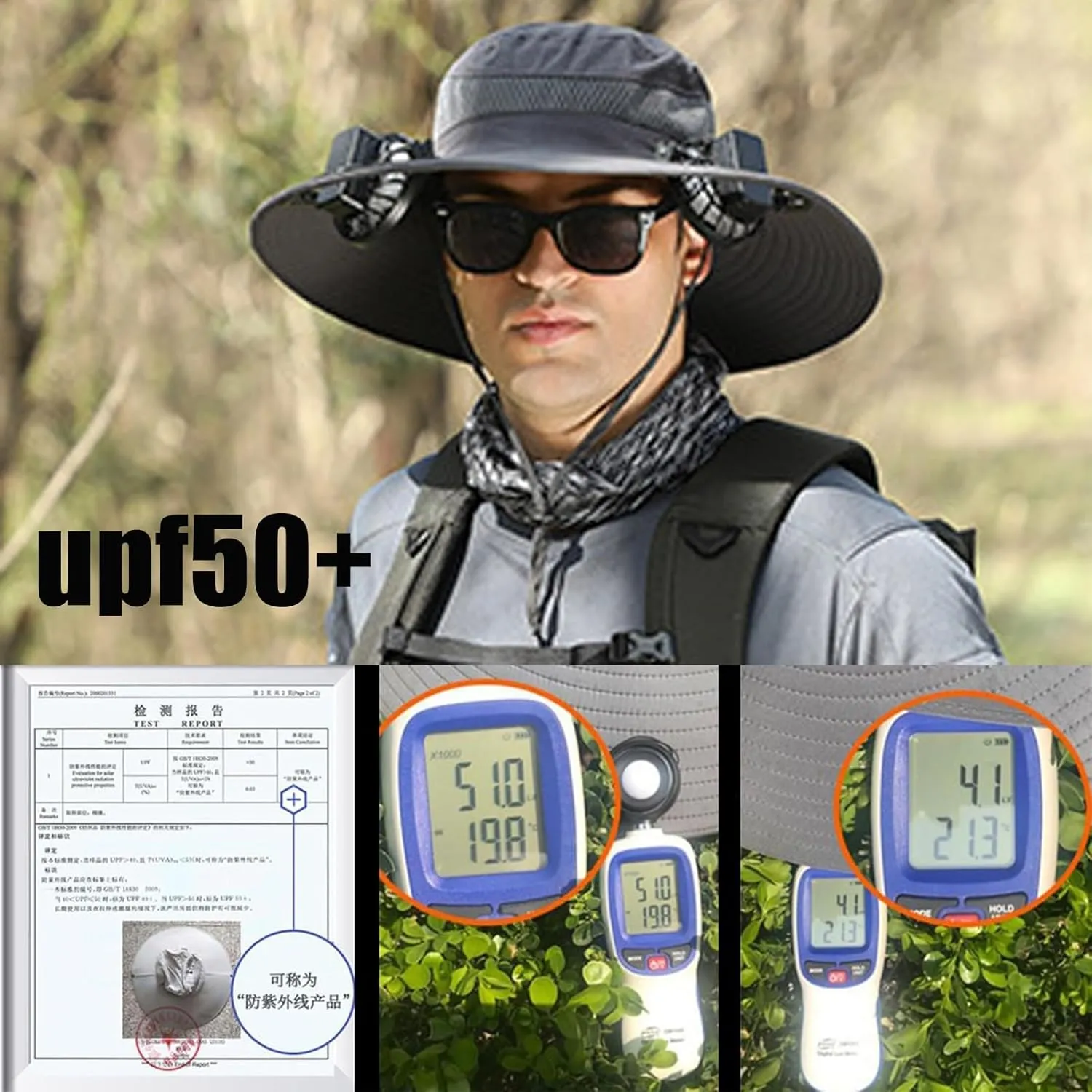 Solar Fan Hat, Wide Brim Solar Fan Outdoor Fishing Hat,Mens Sun Hat with 2 Solar Fan Fishing Hats Upf50 