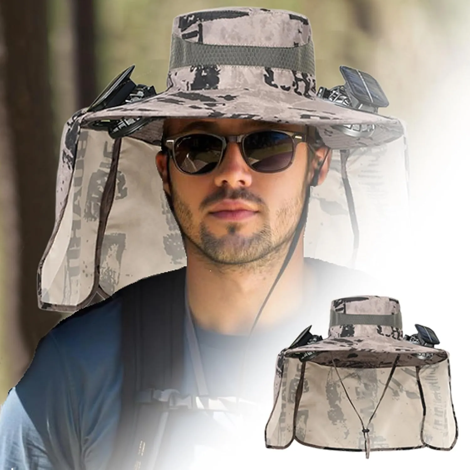 Solar Fan Hat with Dual Fans, Wide Brim, UPF 50 Sun Protection for Men, Perfect for Golf Fishing Hiking