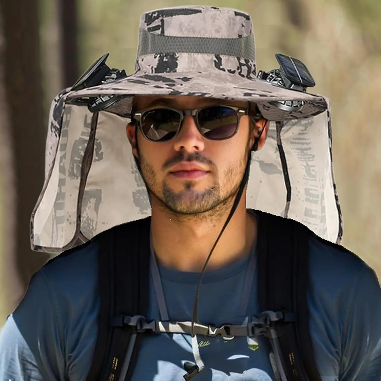 Solar Fan Hat with Dual Fans, Wide Brim, UPF 50 Sun Protection for Men, Perfect for Golf Fishing Hiking