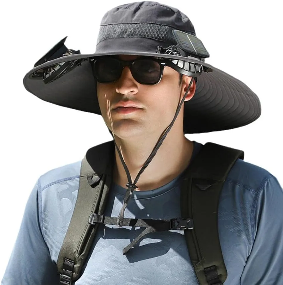 Solar Fan Hat,Outdoor Wide Brim Sun Hat with 2 Solar Fan,UV Protection Hiking Camping Fishing Hat for Men and Women