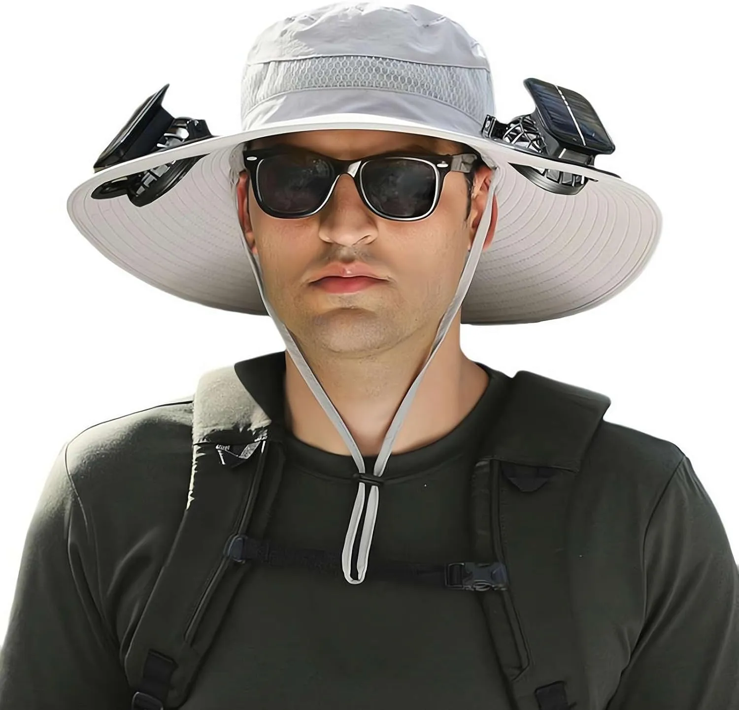 Solar Fan Hats for Men Outdoor Fishing Hat with 2 Fans Detachable Breathable Wide Brim Bucket Hats Solar & USB Charging (C)