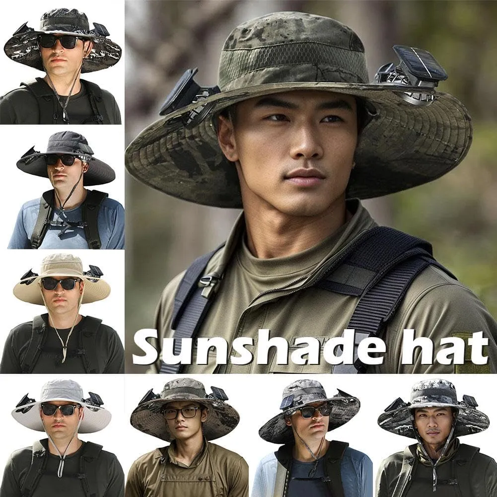 Solar Fan Hats for Men Outdoor Fishing Hat with 2 Fans Detachable Breathable Wide Brim Bucket Hats Solar & USB Charging (C)