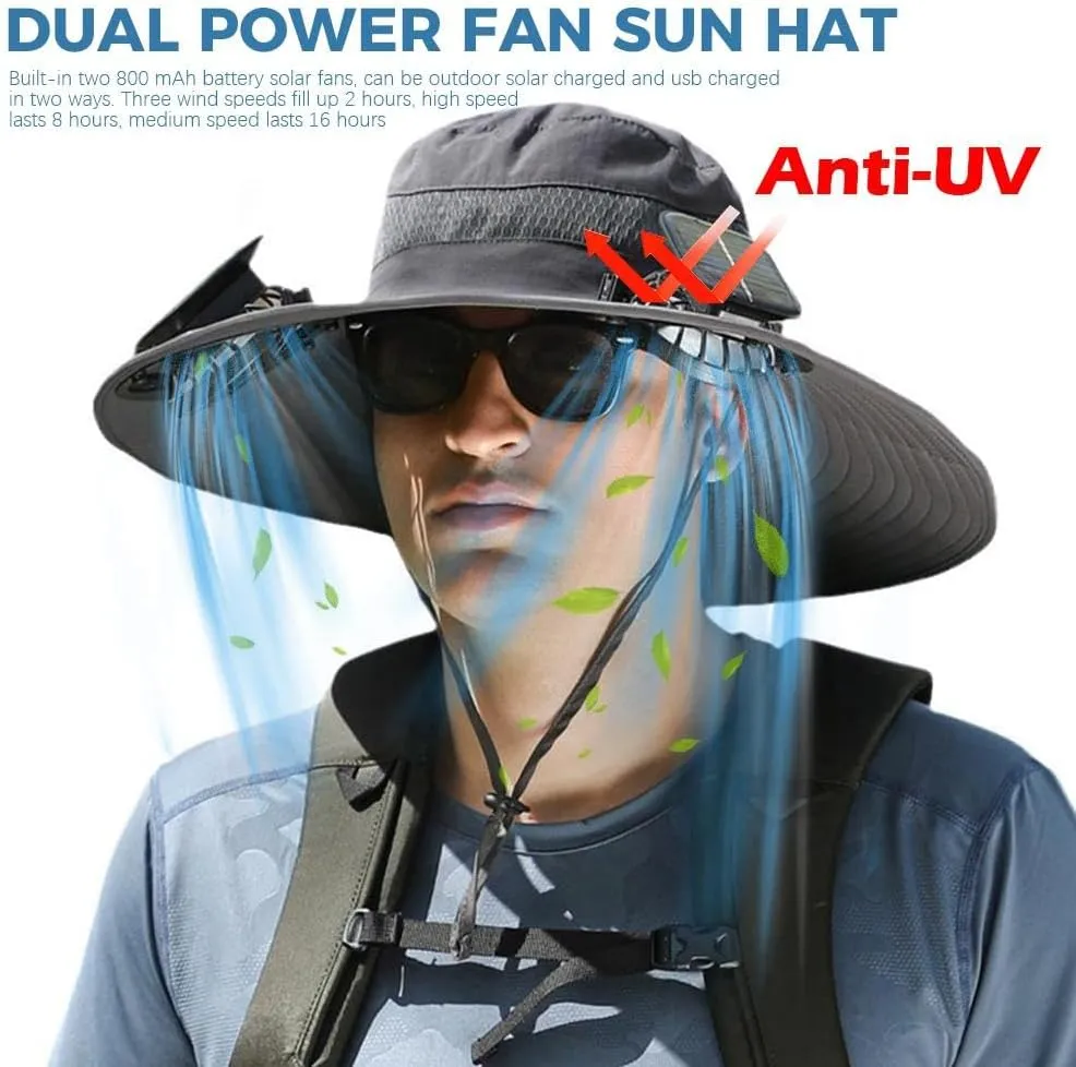 Solar Fan Hats for Men Outdoor Fishing Hat with 2 Fans Detachable Breathable Wide Brim Bucket Hats Solar & USB Charging (C)