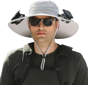 Solar Fan Hats for Men Outdoor Fishing Hat with 2 Fans Detachable Breathable Wide Brim Bucket Hats Solar & USB Charging (C)