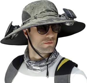 Solar Fan Outdoor Fishing Hat Wide Brim Solar Fan Sun Protection Hat-Solar & USB Charging,Solar Powered Fan Beach Hat