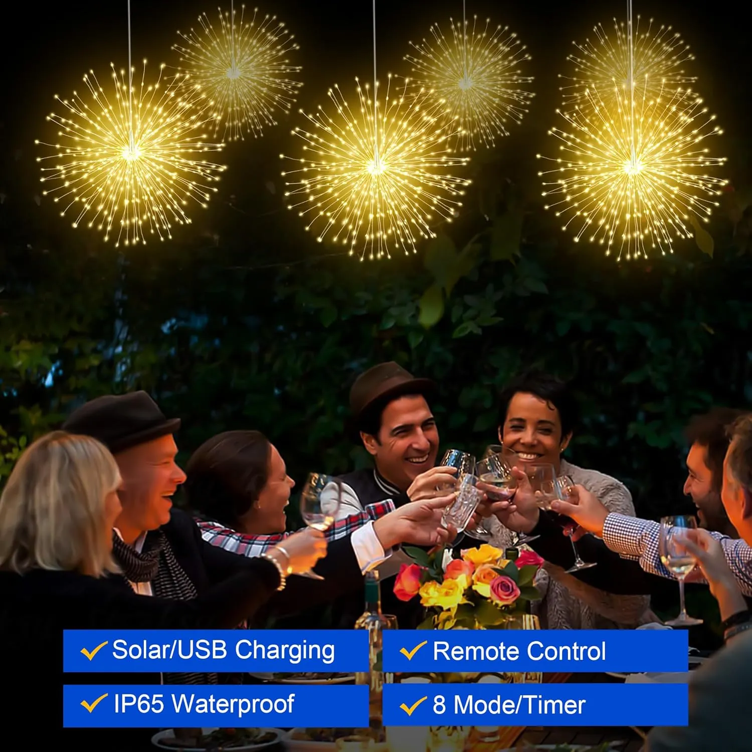 Solar Firework Lights Outdoor, 5 Pack 1000LED Solar Starburst Lights with Remote, 8 Modes Dimmable Waterproof Hanging Fairy Lights for Garden, Patio, Holiday Decor (Warm White)