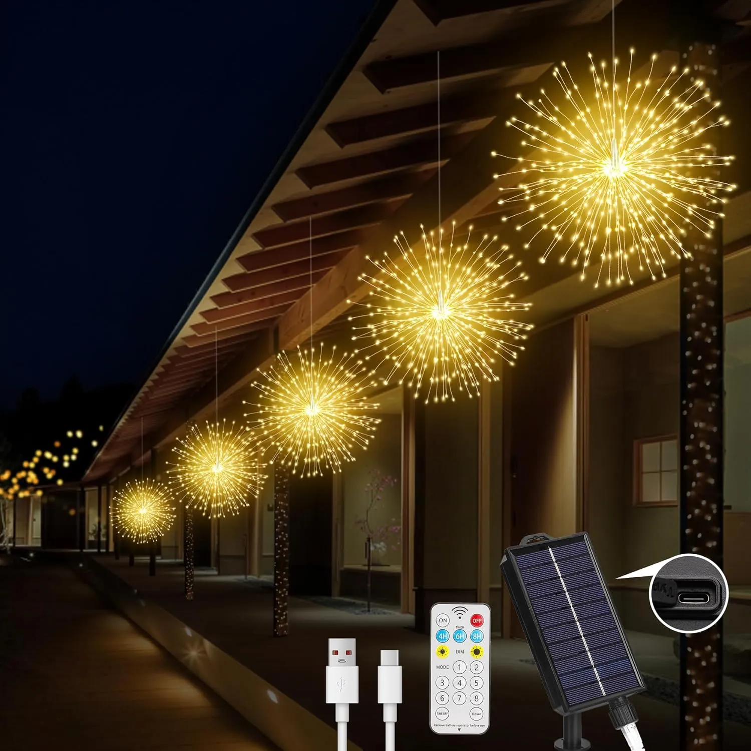 Solar Firework Lights Outdoor, 5 Pack 1000LED Solar Starburst Lights with Remote, 8 Modes Dimmable Waterproof Hanging Fairy Lights for Garden, Patio, Holiday Decor (Warm White)
