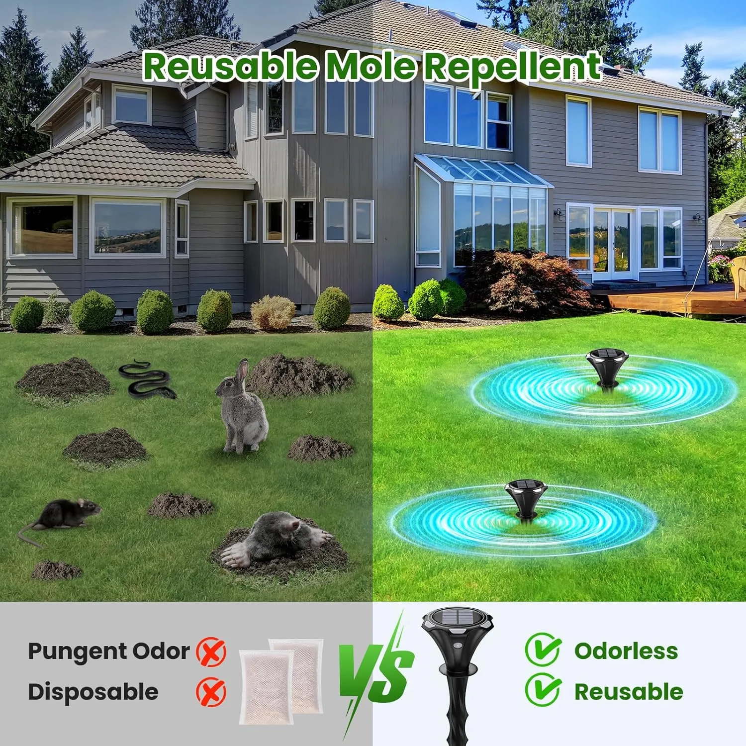 Solar Mole Repellent Ultrasound, Gopher Repeller with LED Night Light, Vole Repeller Outdoor Waterproof, Snake Chipmunk Sonic Spike Stakes in Yard, Lawn, Garden, 4 Pack, Black