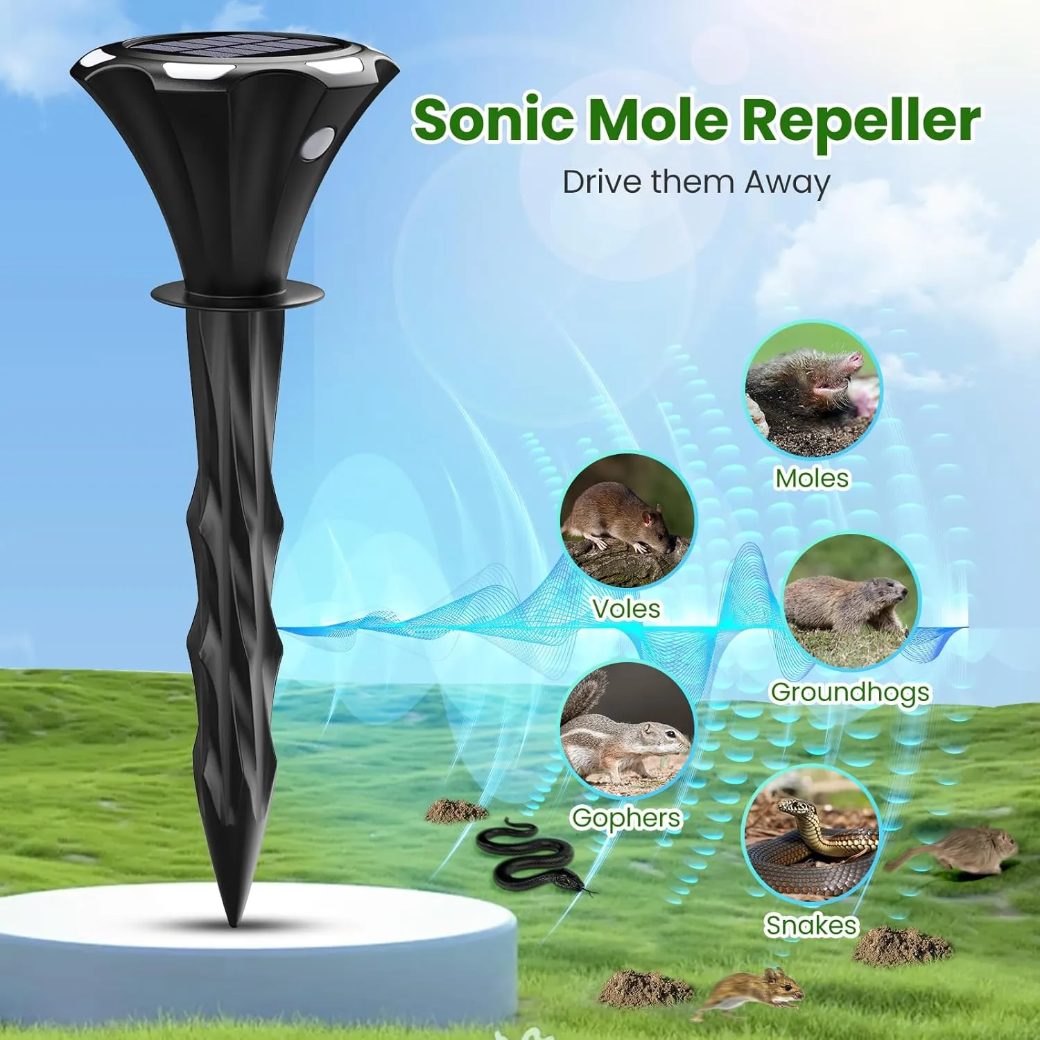 Solar Mole Repellent Ultrasound, Gopher Repeller with LED Night Light, Vole Repeller Outdoor Waterproof, Snake Chipmunk Sonic Spike Stakes in Yard, Lawn, Garden, 4 Pack, Black