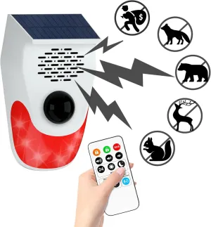Solar Motion Sensor Alarm Outdoor Indoor, Motion Sensor Noise Maker with 8 Replaceable Recording, ±Volume, Light- Motion Detector Alarm, Motion Activated Deer Bear Intruder Deterrent Devcies