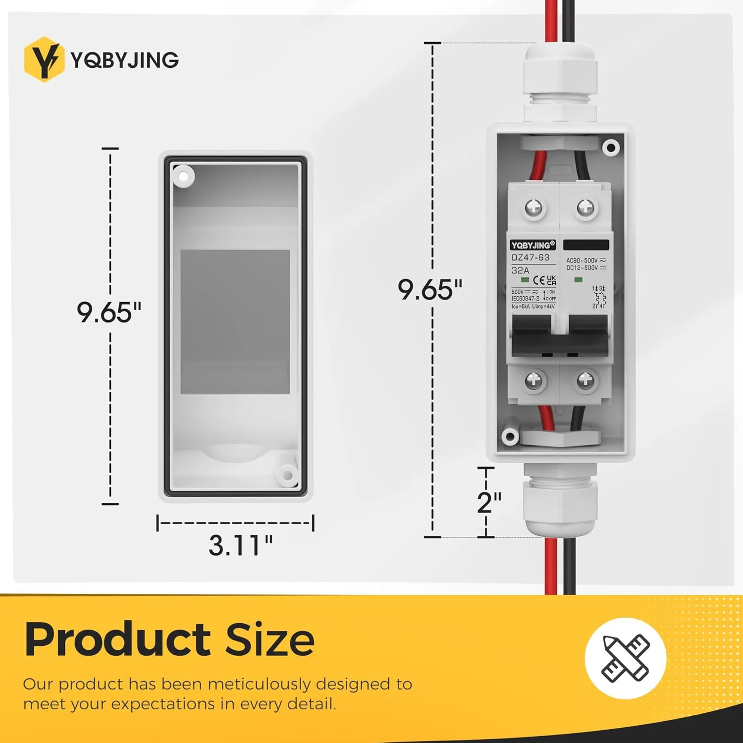 Solar Panel Disconnect Switch 32 Amp DC AC Miniature Circuit Breaker 500V 2 Poles with PV Connector and IP65 Waterproof UV-Proof Box for Outdoor Solar PV Homes Battery