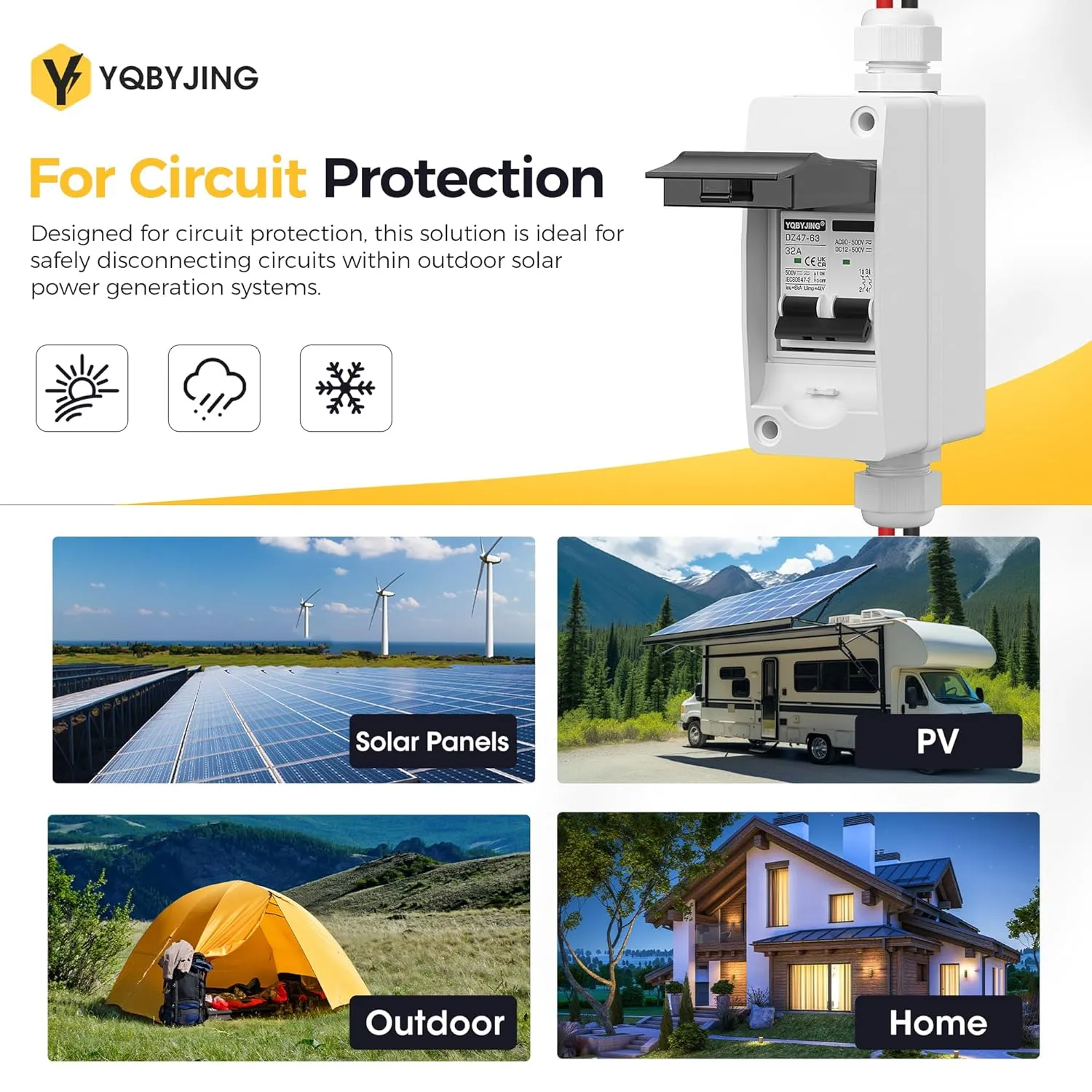 Solar Panel Disconnect Switch 32 Amp DC AC Miniature Circuit Breaker 500V 2 Poles with PV Connector and IP65 Waterproof UV-Proof Box for Outdoor Solar PV Homes Battery