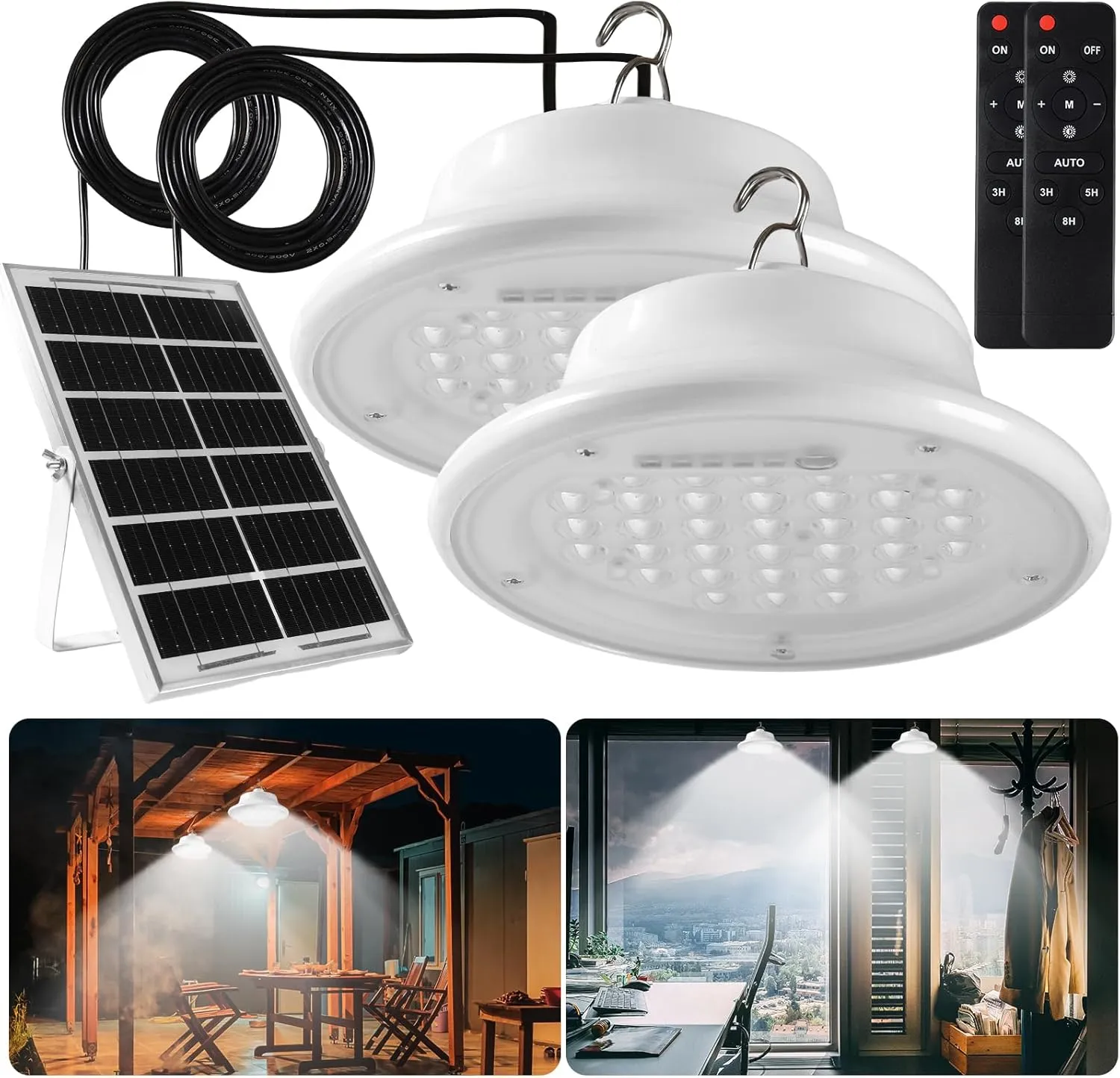 Solar Pendant Light Shed Light Lighting Day and Night Auto Dusk to Dawn Solar Light Indoor and Outdoor with Remote Controlfor for Barn, Patio, Garden, Yard, Gazebo,Chicken Coop, Tent (2 Lights)