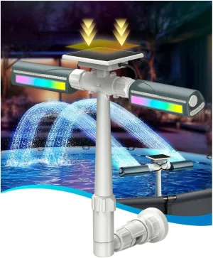 Solar Pool Fountain with 8-Color 6-Mode RGBIC LED Lights, Above/Inground Solar Lights with Remote, 360°Adjustable Dual Spray Waterfall Sprinkler Fountain for Relaxation & Cooling 10-20°F