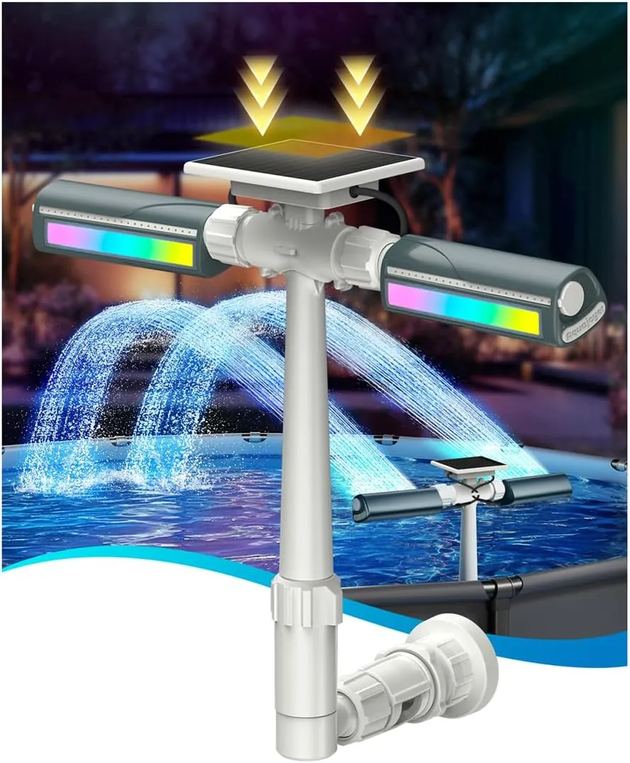 Solar Pool Fountain with 8-Color 6-Mode RGBIC LED Lights, Above/Inground Solar Lights with Remote, 360°Adjustable Dual Spray Waterfall Sprinkler Fountain for Relaxation & Cooling 10-20°F