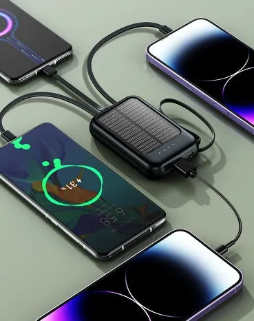Solar Power Bank 20000mAh Super Fast Charging Compact Portable Built-in 4 Cable High Capacity External Battery With Led Light