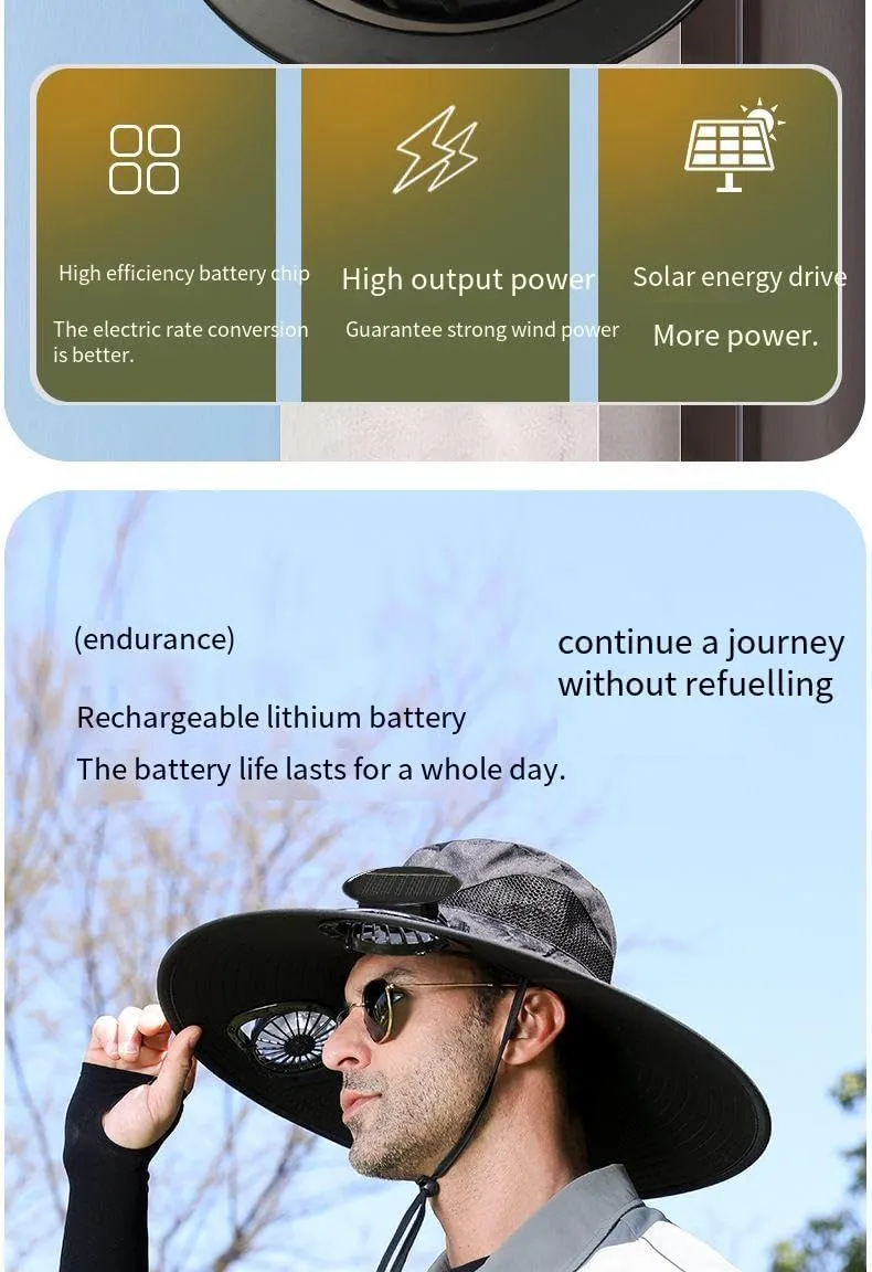 Solar-Powered Cooling Sun Hat with Built-in Fans, Wide Brim, Available in Black, Khaki, Army Green