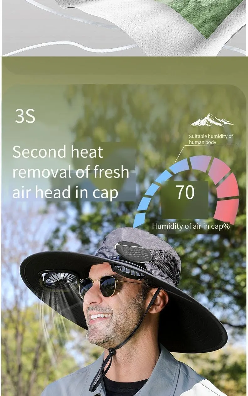Solar-Powered Cooling Sun Hat with Built-in Fans, Wide Brim, Available in Black, Khaki, Army Green