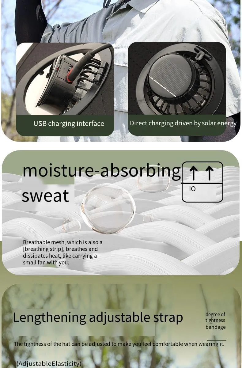 Solar-Powered Cooling Sun Hat with Built-in Fans, Wide Brim, Available in Black, Khaki, Army Green