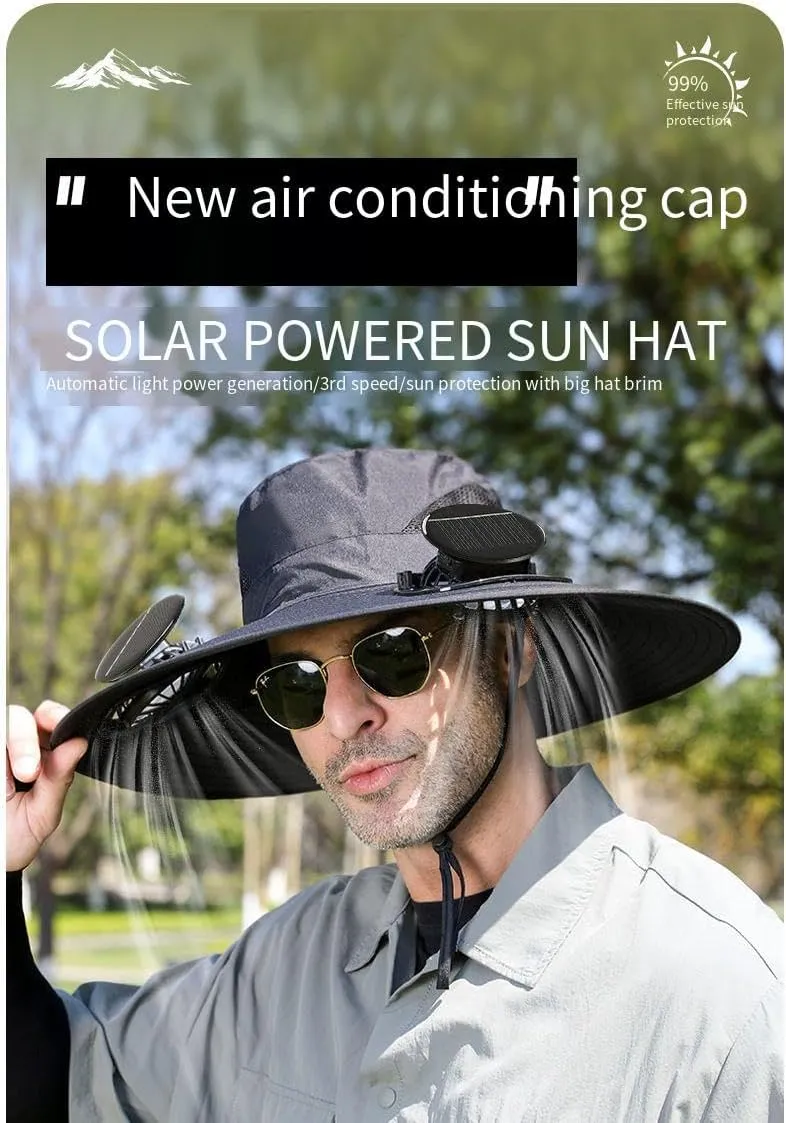 Solar-Powered Cooling Sun Hat with Built-in Fans, Wide Brim, Available in Black, Khaki, Army Green
