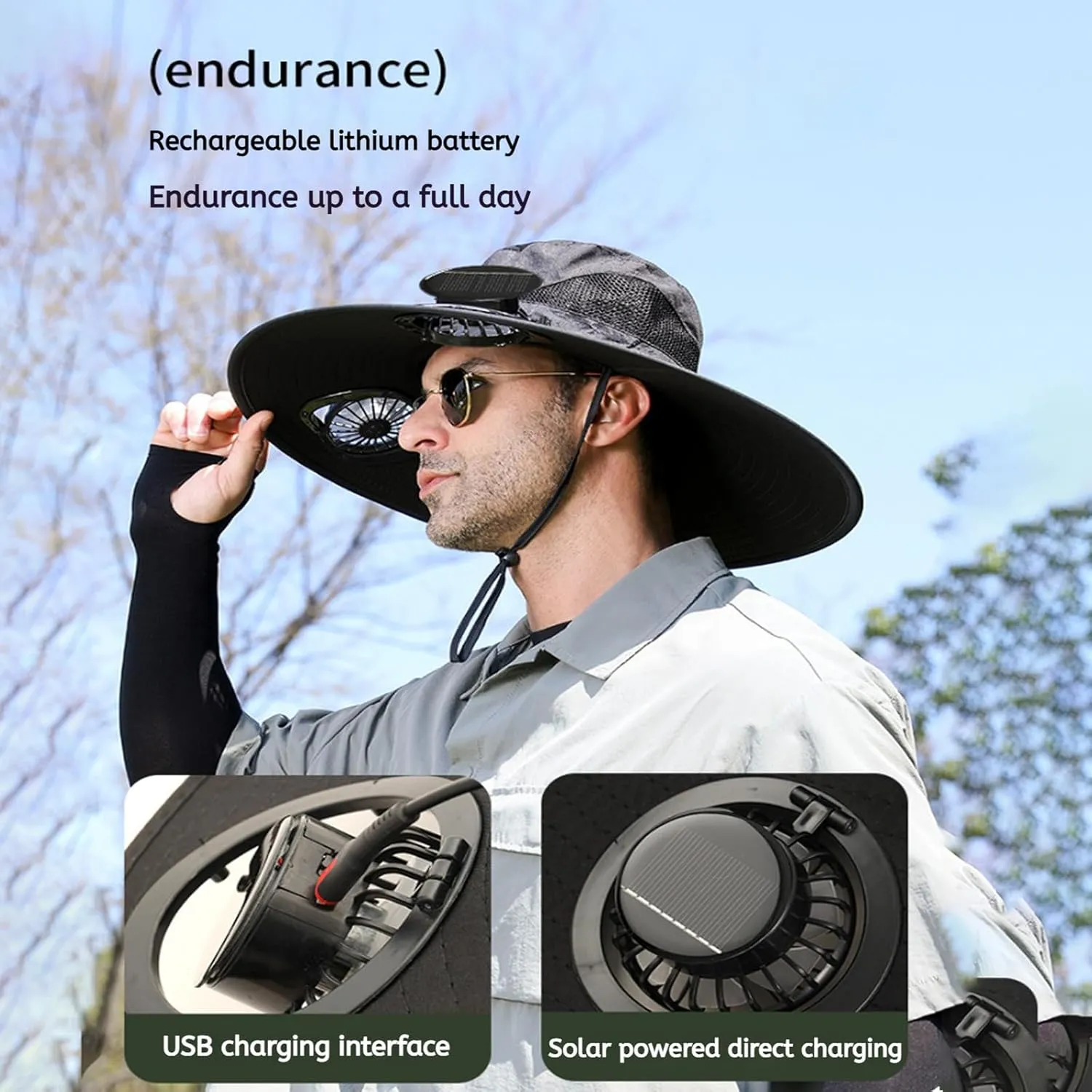 Solar Powered Fan Hat, Adjustable Outdoor Cooling Hat for Men, Wide Brim Sunproof and Breathable Fishing Hat