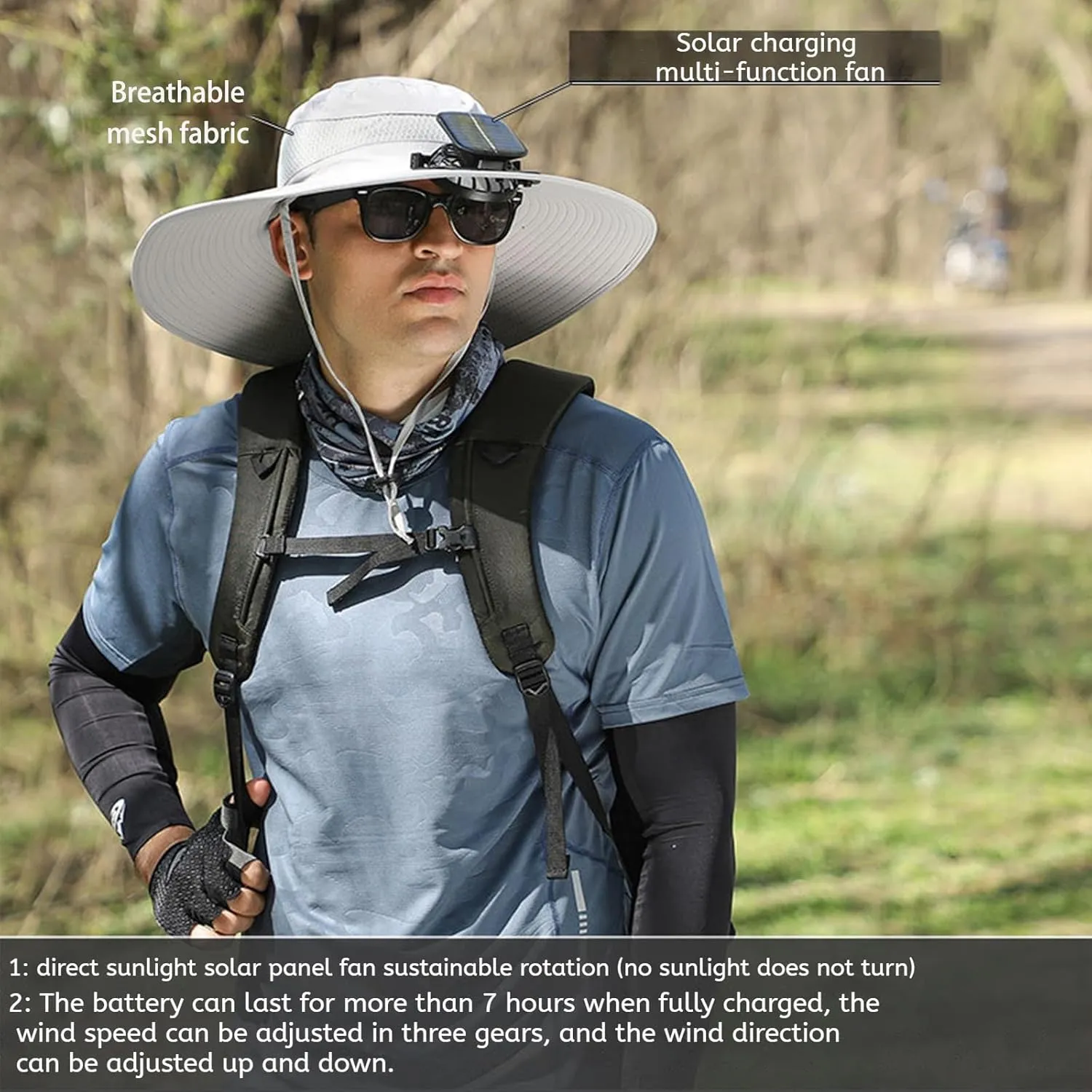 Solar Powered Fan Hat, Adjustable Outdoor Cooling Hat for Men, Wide Brim Sunproof and Breathable Fishing Hat