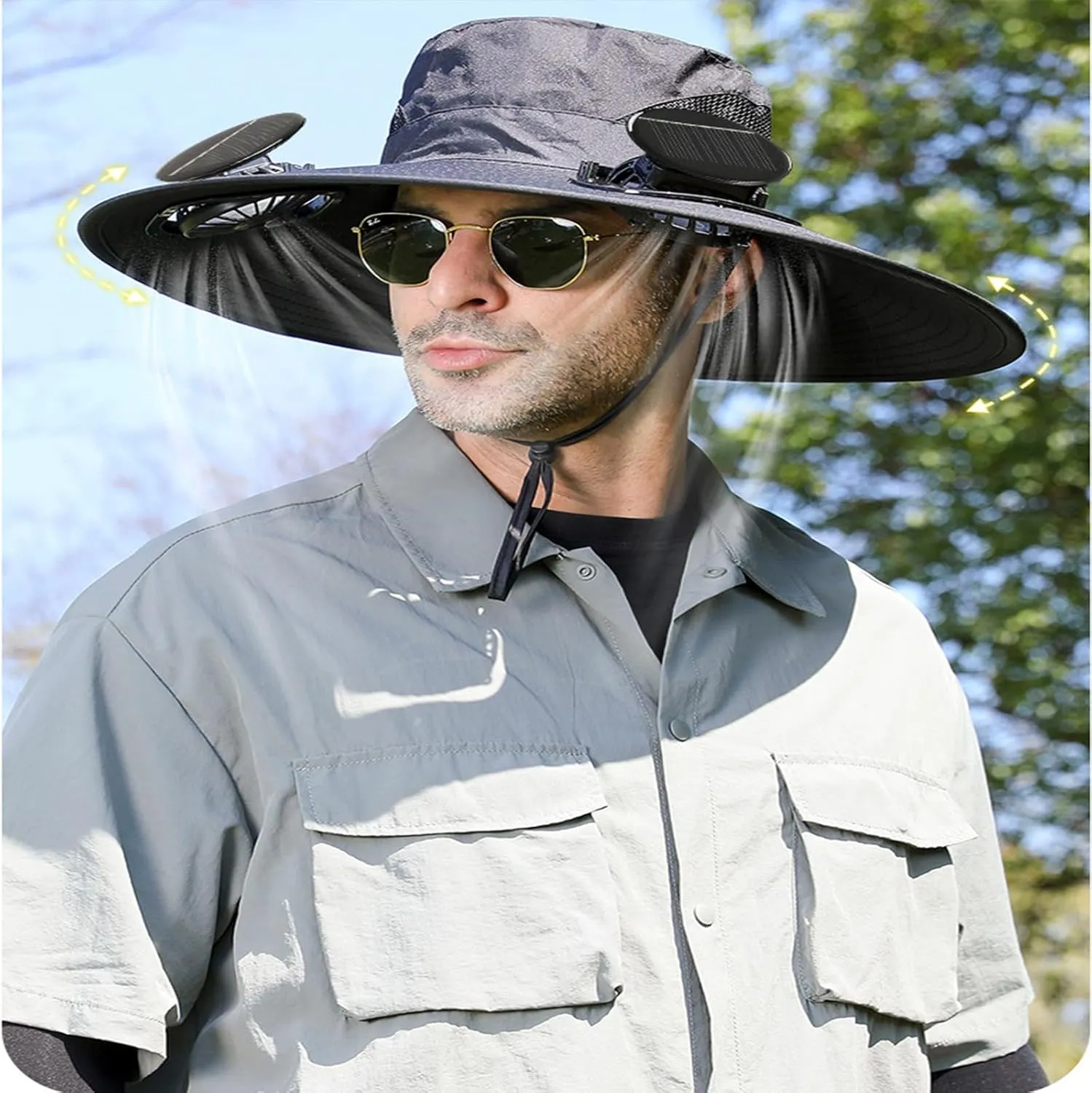 Solar Powered Fan Hat, Adjustable Outdoor Cooling Hat for Men, Wide Brim Sunproof and Breathable Fishing Hat