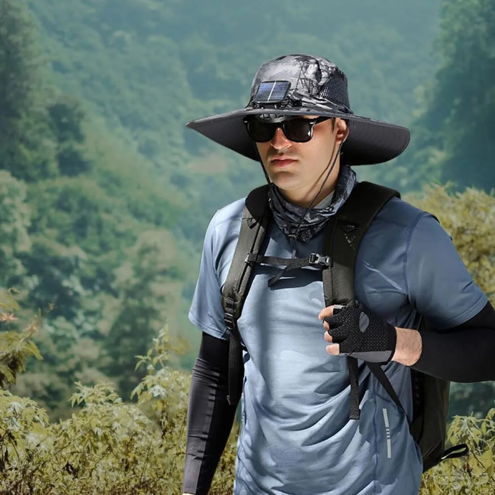 Solar Powered Fan Hat for Men Women, 2025 New Breathable Wide Brim Solar Fan Hat Outdoor Fishing, Hiking, Beach