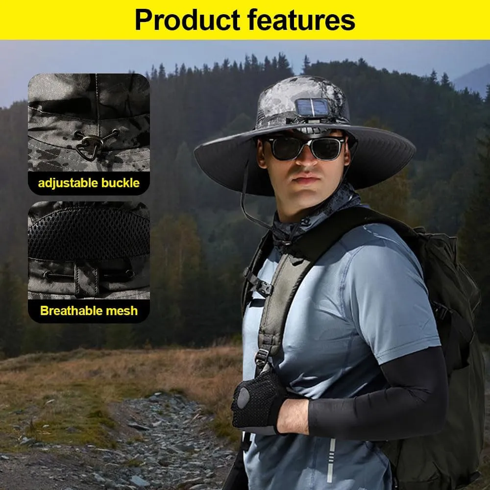 Solar Powered Fan Hat for Men Women, 2025 New Breathable Wide Brim Solar Fan Hat Outdoor Fishing, Hiking, Beach