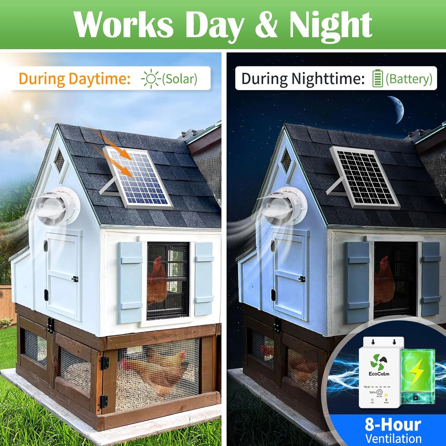 Solar Powered Fan with Battery, 6“ Solar Fan for Chicken Coop with 12W Bifacial Solar Panel, Outdoor Greenhouse Exhaust Fan with Anti-backflow Valve
