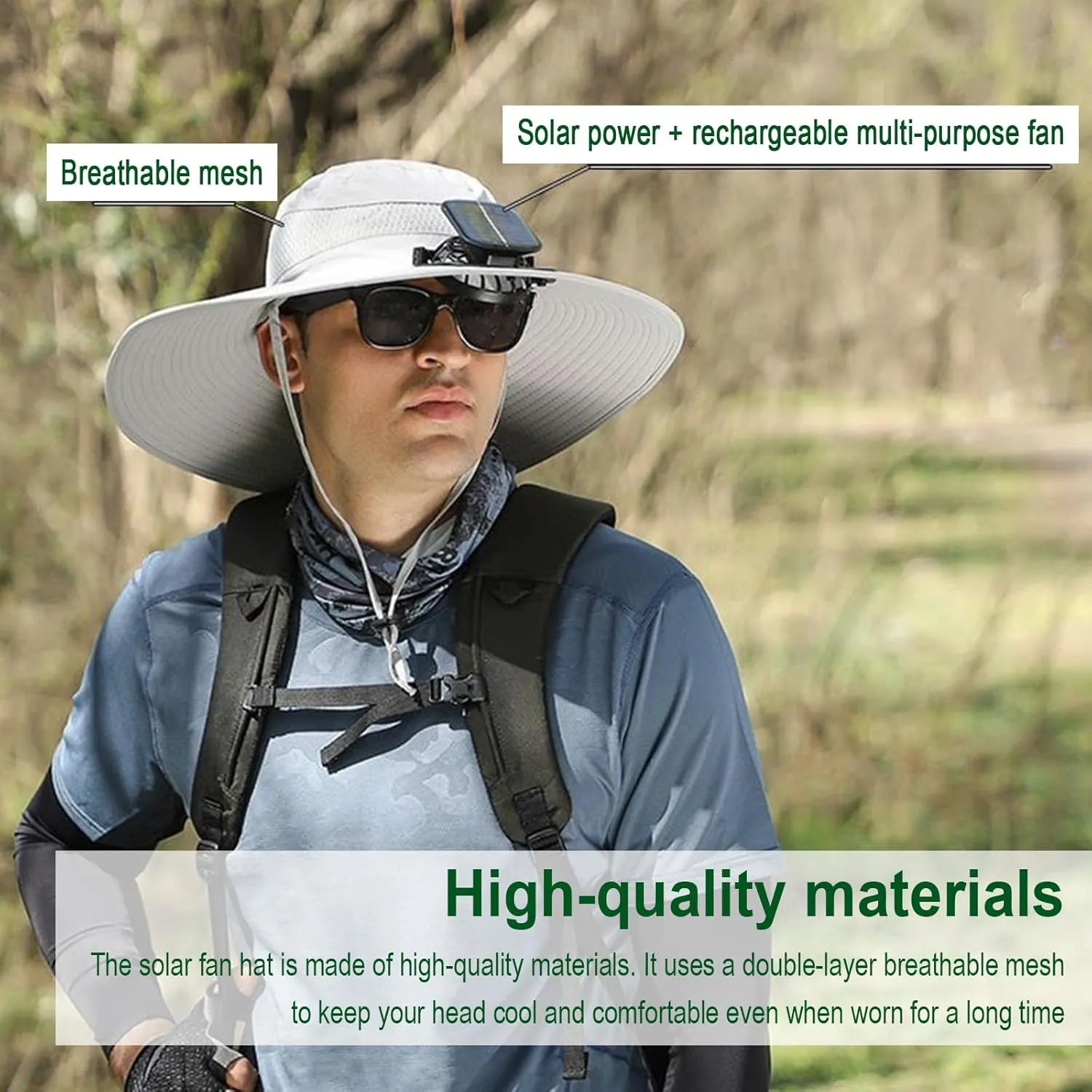 Solar Powered FanHat, for Men Women Outdoor Fishing Hat with 2 Solar Fan Breathable Wide Brim Bucket Hats