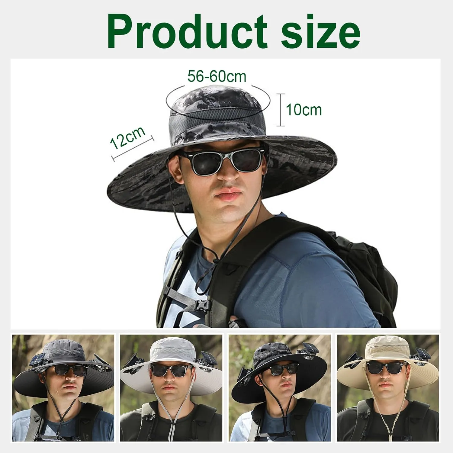 Solar Powered FanHat, for Men Women Outdoor Fishing Hat with 2 Solar Fan Breathable Wide Brim Bucket Hats