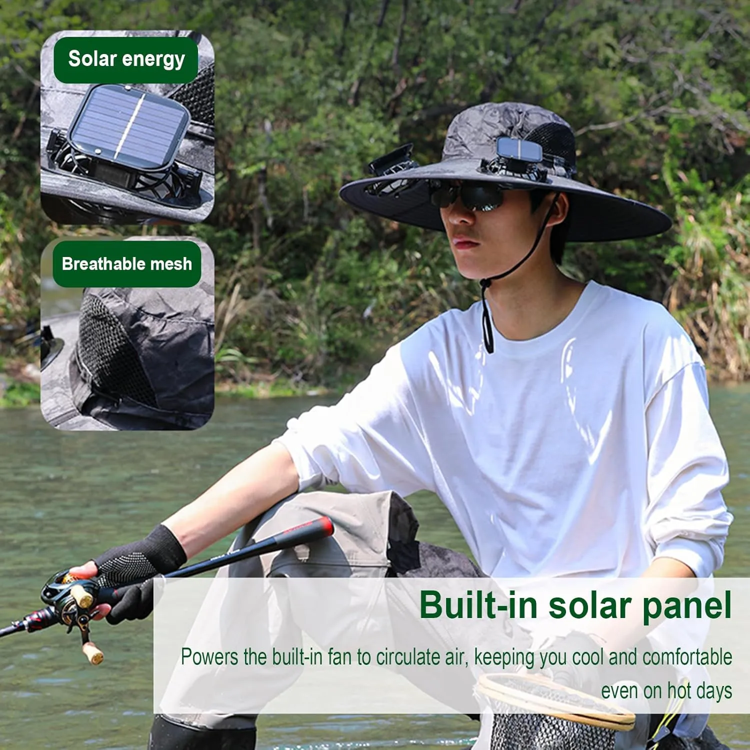 Solar Powered FanHat, for Men Women Outdoor Fishing Hat with 2 Solar Fan Breathable Wide Brim Bucket Hats