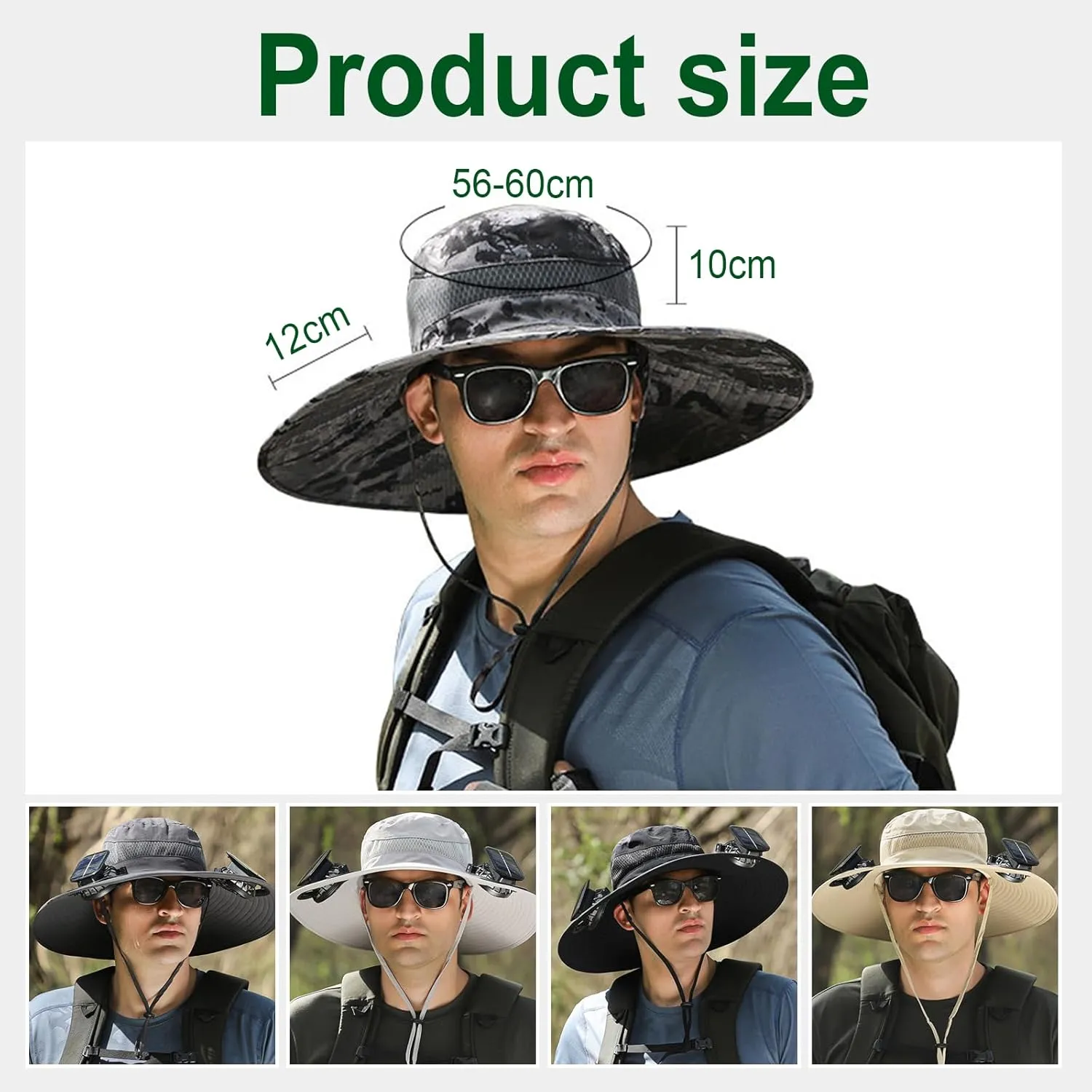 Solar Powered FanHat, Solar Fan Hat with Fans Solar Power, Outdoor Wide Brim Sun Hat with Solars Fan, Solar & USB Charging