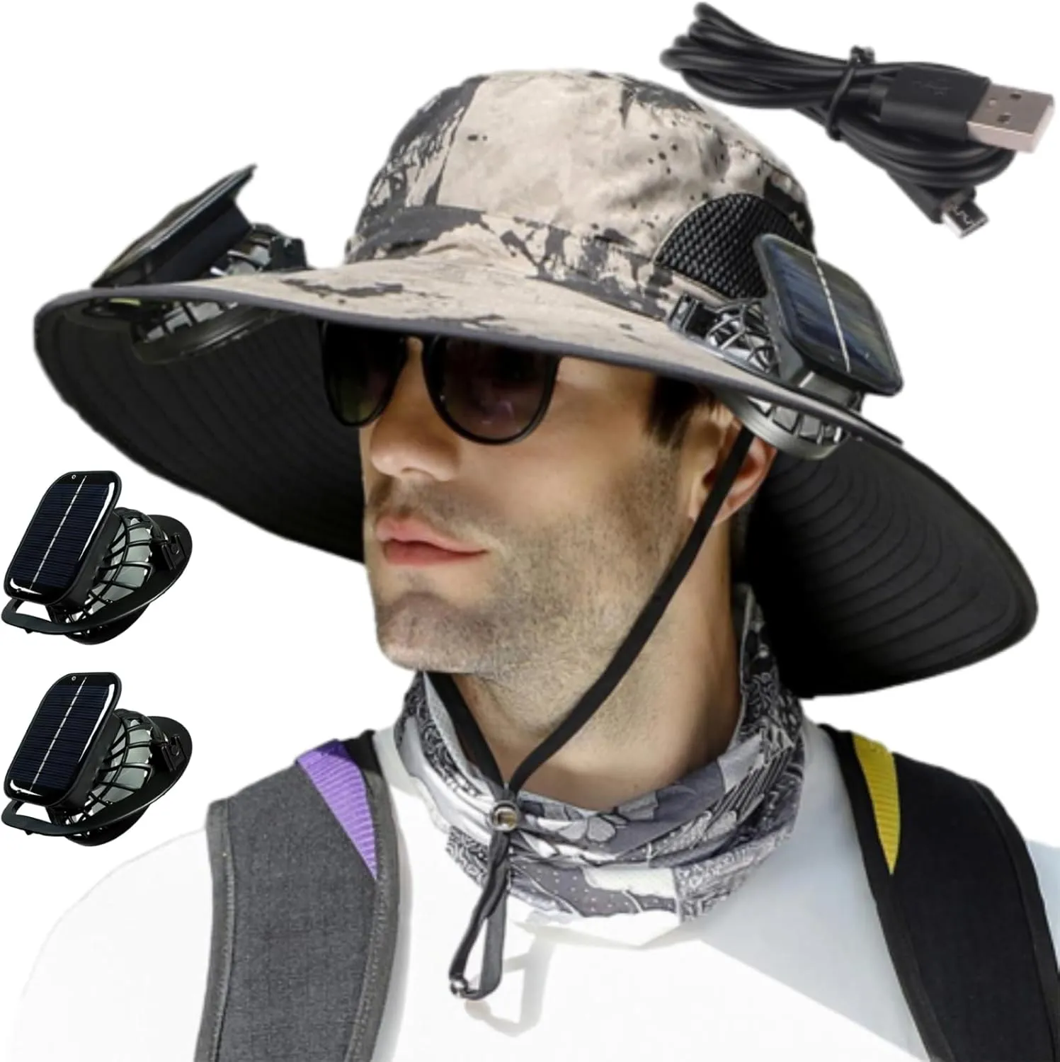 Solar Powered Outdoor Fishing Hat, Wide Brim Fan Outdoor Fishing Hat-Solar & USB Charging with Two Fans